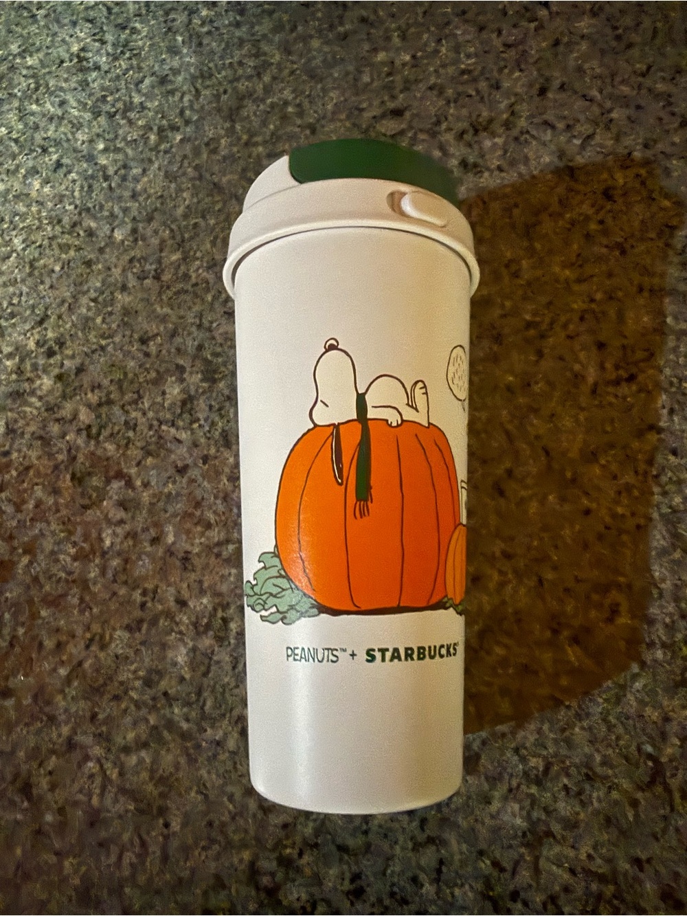 Starbucks White Travel Tumbler with Orange Pumpkin & Green Lid